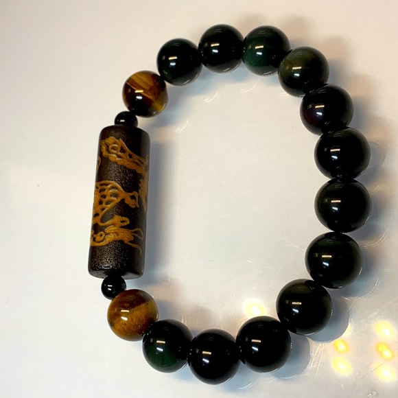 RAINBOW OBSIDIAN + TIGERS EYE + TIBETAN TUBE STONES  NATURAL BRACELET size 7.5” - Picture 7 of 11